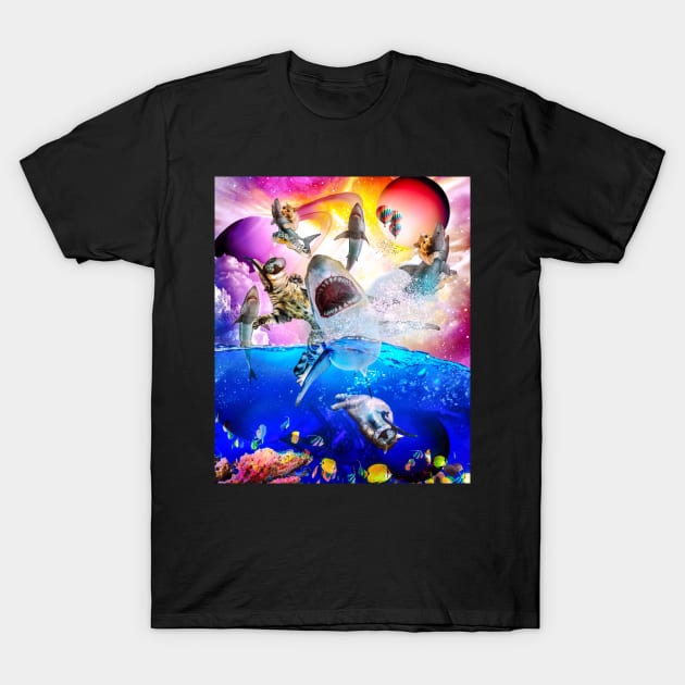 Rainbow Galaxy Cat Riding Shark In Space T-Shirt by Random Galaxy